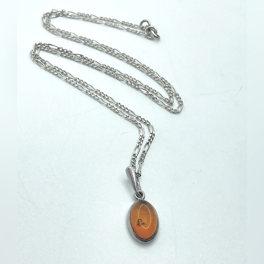 VTG Sterling Amber Pendant & Figaro Link Chain 18” & 1”